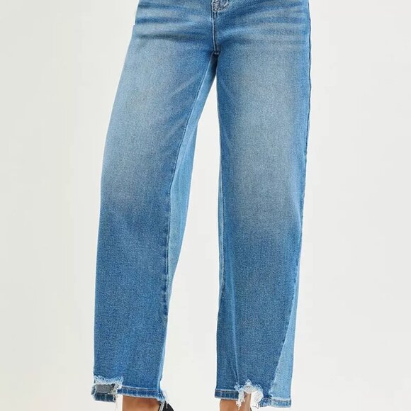 RISEN Full Size Slouchy Cropped Barrel Jeans with Contrast Wash Plus Size - Picture 2 of 7